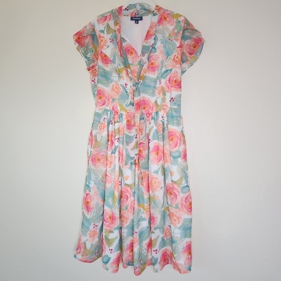 ModCloth Prim Pizzazz Watercolor Pink Roses Knee Length Dress M - Picture 2 of 7